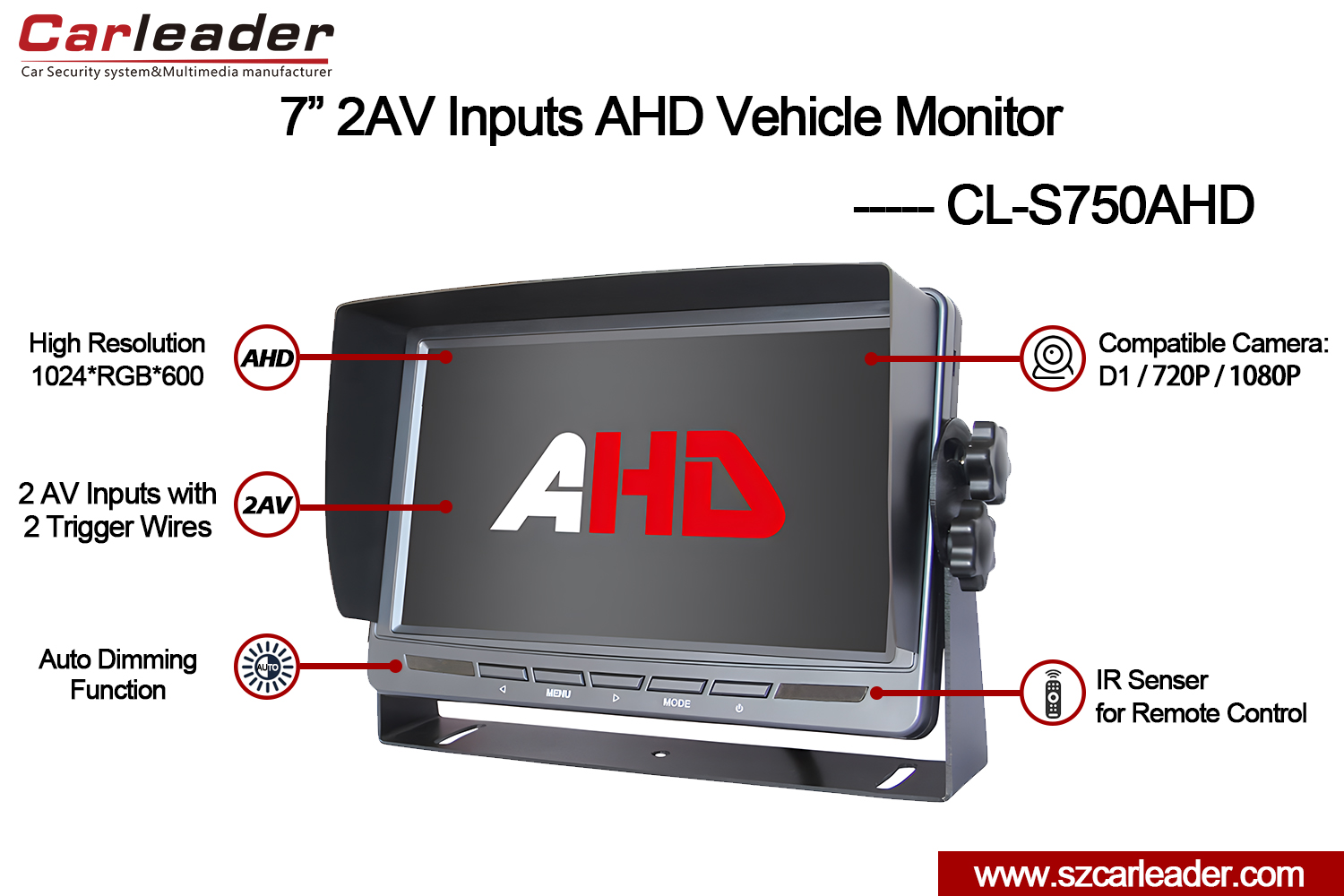 7 انچ TFT LCD کار ریئر ویو AHD مانیٹر