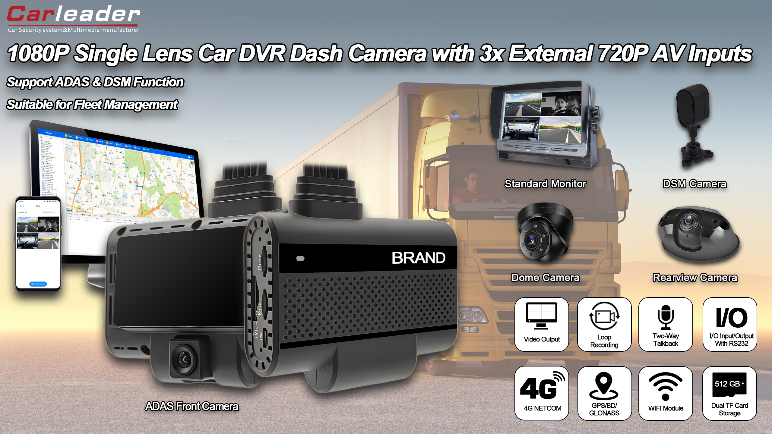 بیڑے کے انتظام کے لئے کارلیڈر 4CH DVR AI ڈیش کیمرا سسٹم